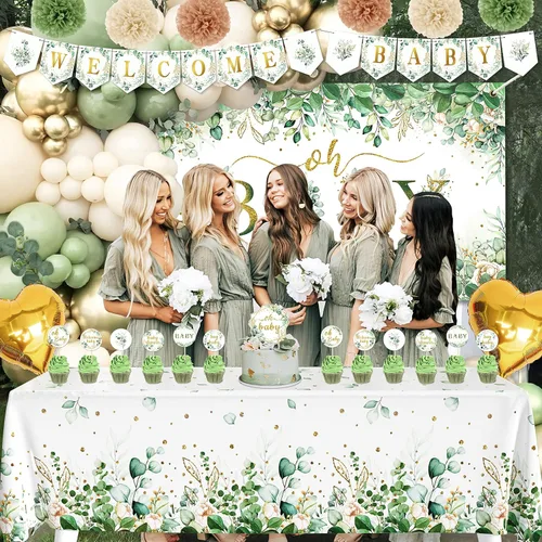Vista 7 de Decoración de baby shower verde salvia para niñas y niños, 99 piezas, suministros de fiesta neutros con mantel de telón de fondo Oh Baby, kit