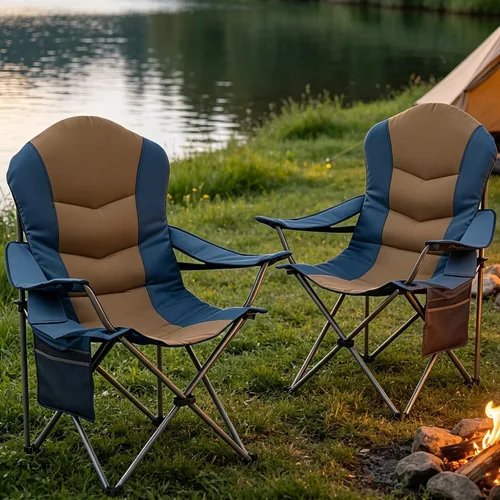 Vista 11 de Sillas plegables de camping para adultos, sillas de césped acolchadas con respaldo alto para exteriores con soporte lumbar y soporte para tazas