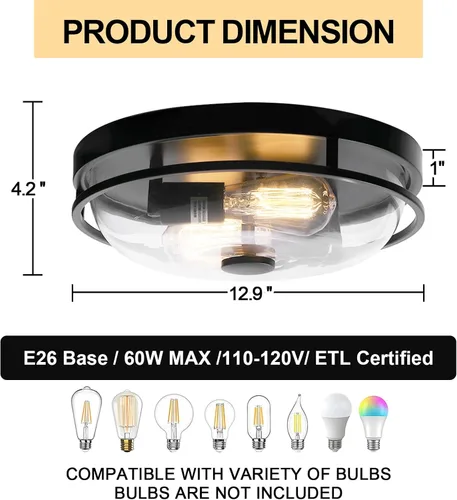 Vista 3 de Luz de techo de montaje empotrado Luminzone con pantalla de vidrio transparente, 2 luces, iluminación de estilo granja para interior y exterior