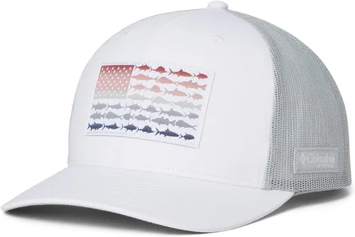 Vista 23 de Columbia Snapback de malla con bandera de pez PFG Negro y piedra oscura.