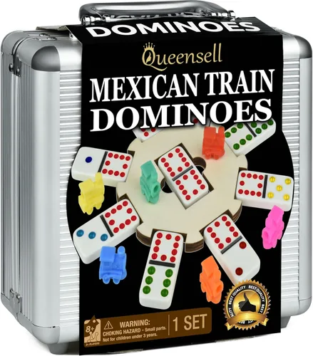 Vista 12 de Queensell Juego de dominó de tren mexicano doble 12 – Juego de dominó jumbo para adultos, 91 azulejos con puntos coloridos, cubo de madera, tren