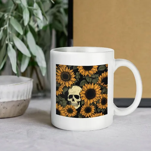 Vista 6 de Tazas de Halloween con diseño de calavera de girasol para café de cerámica, diseño de esqueleto, vintage, regalo para el día de la madre, regalo
