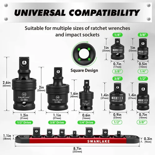 Vista 2 de Juego de adaptadores giratorios de impacto de 7 piezas, 1/4" 3/8" 1/2" Drive Universal Joint Socket Set CR-MO Steel, reductor de enchufes de junta