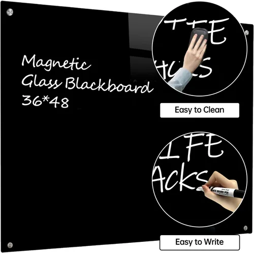 Vista 2 de Pizarra de Vidrio Negro Magnética de Borrado en Seco - Pizarra Negra de 48 x 36 Pulgadas Montada en Pared de Vidrio, Pizarra de Vidrio Negro Grande