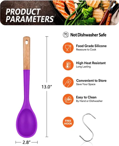 Vista 2 de Cucharas de cocina grandes de silicona, cuchara antiadherente con mango de madera maciza, cucharas de cocina de silicona resistentes al calor
