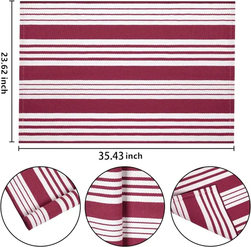 Vista 2 de USTIDE Alfombra de rayas rojas y blancas de 23.6 x 35 pulgadas, de algodón, reversible, tejida a mano, lavable, para porche, entrada, lavandería