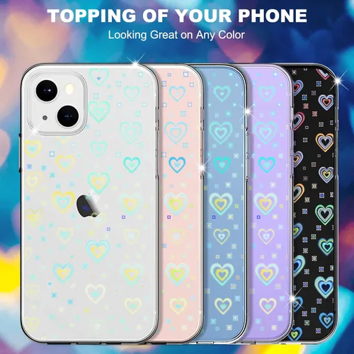 Vista 3 de Jusy Compatible con iPhone 13 Pro, funda holográfica con diseño de corazón iridiscente y transparente Kawaii para mujer, diseño de arco iris