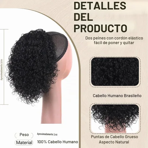 Vista 2 de Extensión de cola de caballo de cabello humano de 12 pulgadas con cordón rizado profundo para mujeres negras, extensión rizada 3C, color negro