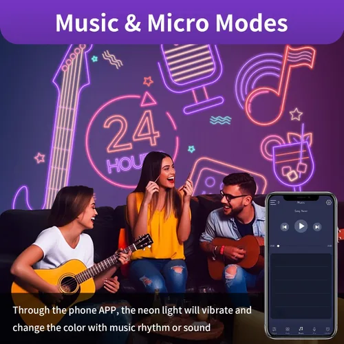 Vista 5 de Tira de luz LED de neón inteligente IC de 6.56 pies, tira de luz LED con aplicación/control remoto, cambio de color, sincronización de música, tira