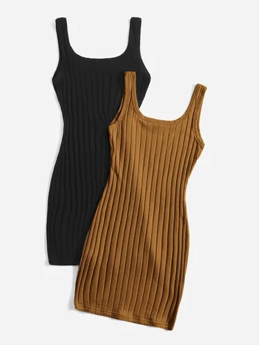 Vista 2 de SheIn Vestido corto sin mangas de punto acanalado liso para mujer, 2 piezas