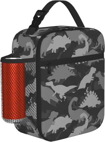 Vista 10 de Lonchera de camuflaje de camuflaje blanco y negro para adolescentes, niñas, niños, hombres y mujeres, bolsa de almuerzo portátil, lonchera aislada