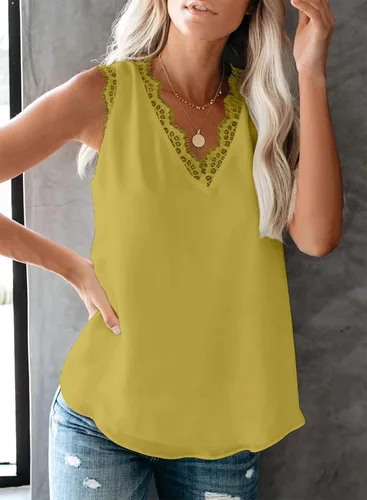 Vista 157 de VIISHOW - Camiseta sin mangas, sexy, con cuello en V y bordes de encaje para mujer, camisola de vestir, camisas de gasa, sin mangas, casuales