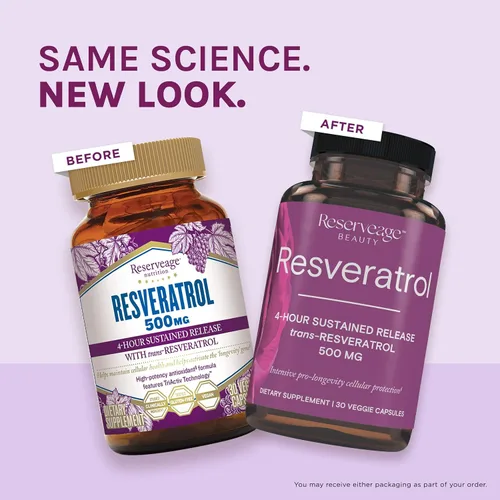 Vista 8 de Reserveage Beauty, Resveratrol 500 mg, suplemento antioxidante para la salud cardíaca y celular, apoya el envejecimiento saludable y el sistema