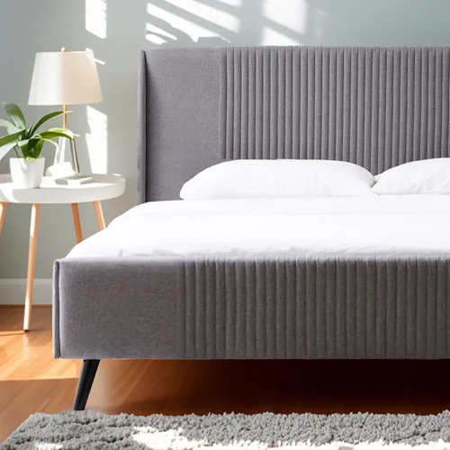 Vista 10 de Livinia Sunset - Cama de plataforma con respaldo de alas, base de cama tapizada de tela con cabecera de canal vertical, listones de madera fuertes