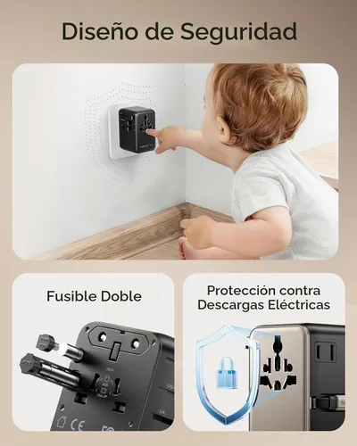 Vista 8 de MOMAX Adaptador de viaje universal de 70 W, adaptador de corriente internacional 6 en 1 con cable retráctil USB-C, adaptador de enchufe de CA dual