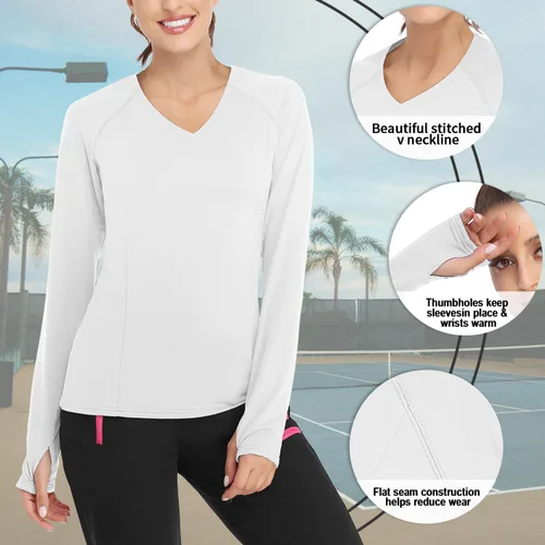Vista 2 de Soneven Camiseta térmica de manga larga de forro polar para mujer, camiseta de entrenamiento que absorbe la humedad, con agujeros para el pulgar
