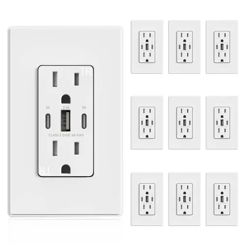 Vista 23 de ELEGRP Tomacorrientes USB, 30 W 6.0 Amp USB C, toma de pared USB de 3 puertos, toma de corriente resistente a manipulaciones de 15 amperios con 2