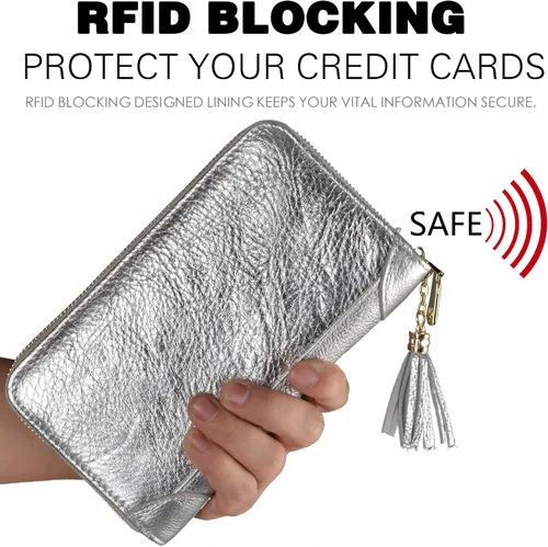 Vista 4 de Easyoulife - Monedero de cuero con cremallera, billetera portatarjetas para mujer, bloqueo RFID