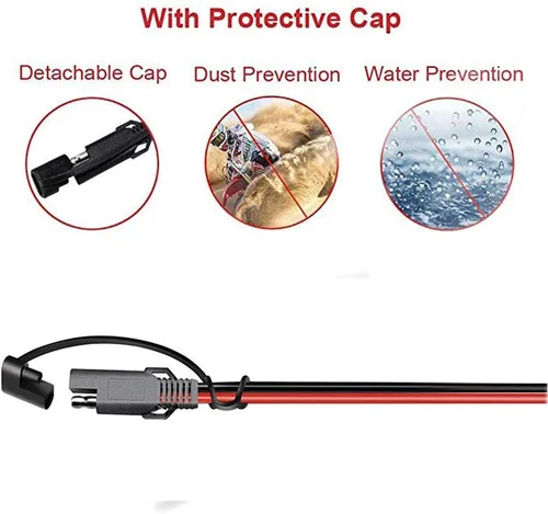 Vista 4 de 2 cables de extensión de alimentación SAE de 16 AWG, 2 pines de desconexión rápida, conector de CC de 12 V, 11.8 in con tapa impermeable para 2