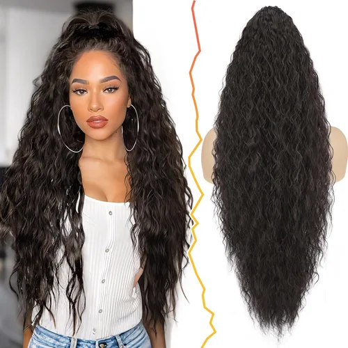 Vista 9 de BARSDAR Extensión de cola de caballo rizada ondulada con cordón negro marrón – 22 pulgadas de extensión de cabello sintético con peine de clip