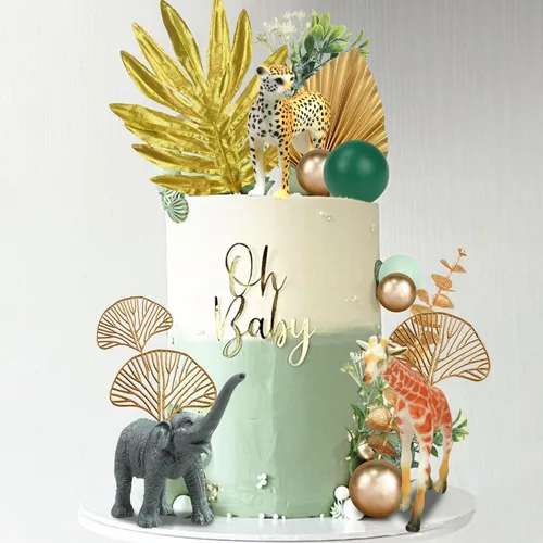 Vista 5 de 26 piezas de decoración de pasteles de animales de la selva, figuras de animales de safari, palmeras doradas, selva salvaje, animales salvajes