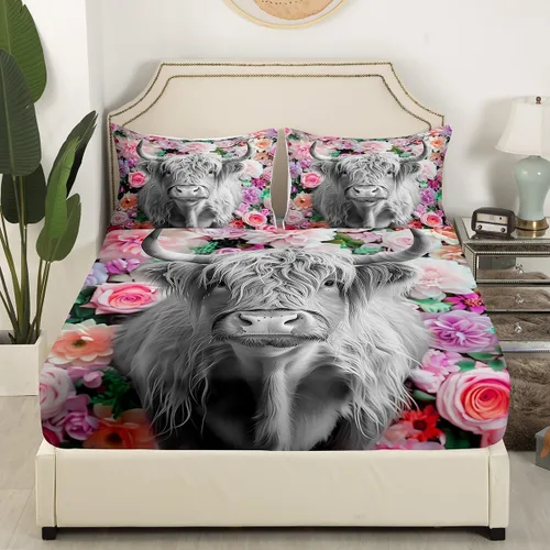 Vista 4 de Erosebridal Highland Cow - Juego de sábanas de tamaño individual con diseño de rosas para niños, niñas, adolescentes, adultos, animales salvajes