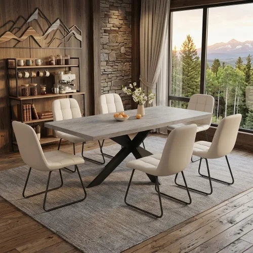 Vista 26 de 6-Piece Extendable Dining Table Set, Modern 63''–79'' Grey Wood Table with 6 Grey Fabric Chairs, Dining Room Table and Chairs for 6, Ideal for 1