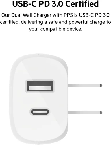 Vista 5 de Belkin Bloque de carga USB C de 37 W - Puerto USB-C de 25 W + puerto USB-A de 12 W para carga PPS Apple iPhone 17, Air, Pro, Pro Max, AirPods