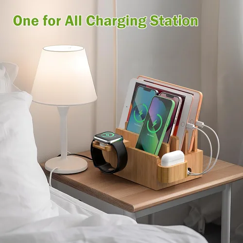 Vista 5 de Pezin & Hulin Estación de carga de bambú para múltiples dispositivos con cargador USB de 5 puertos, 5 cables, soporte para reloj y auriculares