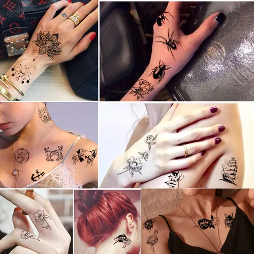 Vista 5 de Yazhiji - Tatuajes temporales impermeables – 60 hojas, pequeña colección de tatuajes falsos, flores, coronas, estrellas, animales, mariposas