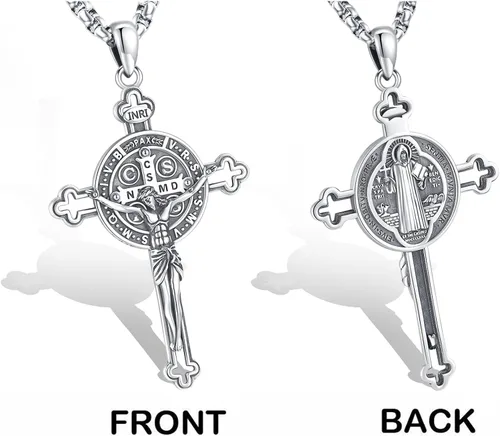 Vista 4 de Eusense - Collar con colgante de plata de ley 925 de San MiguelSan Benito para hombres y mujeres con cruz de Jesúsmedalla milagrosa de la Virgen