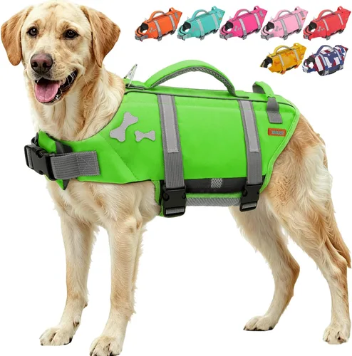 Vista 17 de EMUST Chalecos salvavidas para perros, chaleco flotante para canotaje con 2 Brillante rosa