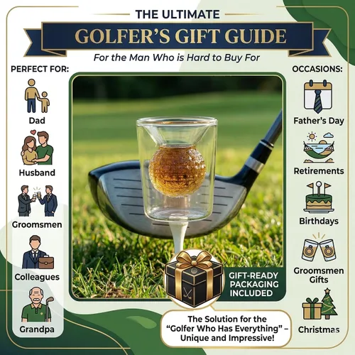 Vista 2 de Juego de vasos de chupito Quantum Lux con forma de bola de golf - 2 oz de vidrio borosilicato de doble pared, diseño de bola de golf hecho a mano