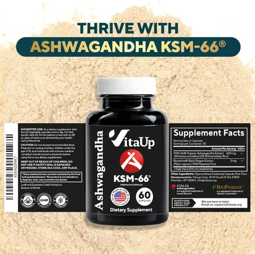 Vista 7 de VitaUp Ashwagandha KSM 66 con pimienta negra – Suplementos KSM-66 Ashwagandha fabricados en Estados Unidos para energía, relajación y función