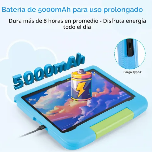 Vista 5 de Tablet Android 14 para niños – Tableta para niños de 10.1 pulgadas con funda EVA azul, Android 14, CPU A523 Octa-Core, 8GB+64GB, Wi-Fi 6