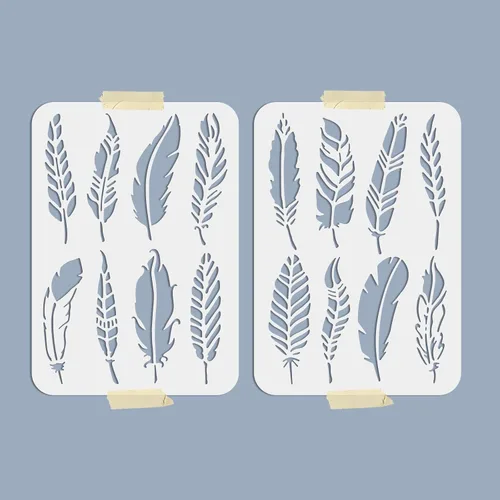 Vista 2 de MAYJOYDIY Plantillas de plumas de 16 estilos de 8.3 x 11.7 pulgadas, plantillas de plumas decorativas, plantillas de dibujo de plumas bohemias