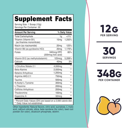 Vista 2 de Nutricost Polvo de pre-entrenamiento para mujer, mango melocotón, 30 porciones