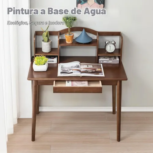 Vista 6 de Escritorio de madera maciza con cajones, escritorio de computadora de madera para oficina en casa (color nogal 40 pulgadas)