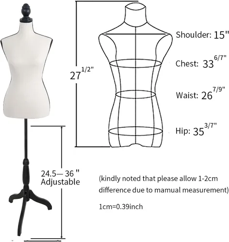 Vista 6 de Maniquí femenino Torso Vestido Forma Maniquí Cuerpo Maniquí de costura con trípode de plástico Base Soporte 58"-67" Altura ajustable