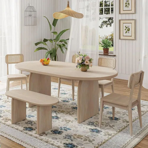 Vista 28 de JIVOIT Farmhouse 6 Piece Dining Table Set, Counter Height Table Set with 4 Chairs and a Bench, Rubber Wood Expandable Bar Table Set with Rivet Gris-3