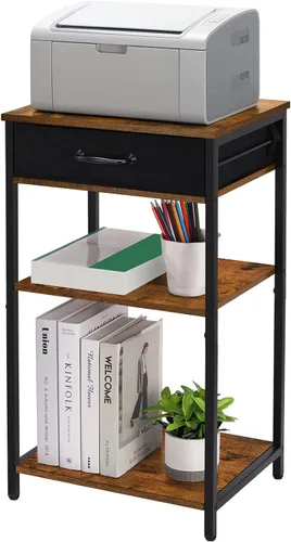 Vista 9 de Soporte de impresora de 3 niveles debajo del escritorio, mesa de impresora pequeña con cajones de almacenamiento, estante de impresora de madera