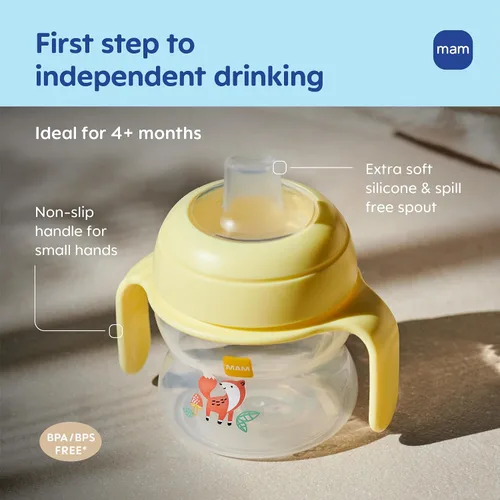 Vista 2 de Taza de iniciación MAM (1 unidad), Taza con Asas Antideslizantes y Boquilla Extra Suave sin Derrames, Taza de Beber para Niños de 4+ Meses, Cinco