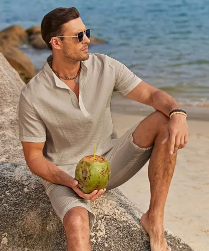 Vista 7 de COOFANDY Conjunto de 2 piezas de lino para hombre, camisas Henley casuales de manga corta, pantalones cortos de yoga para la playa, pantalones