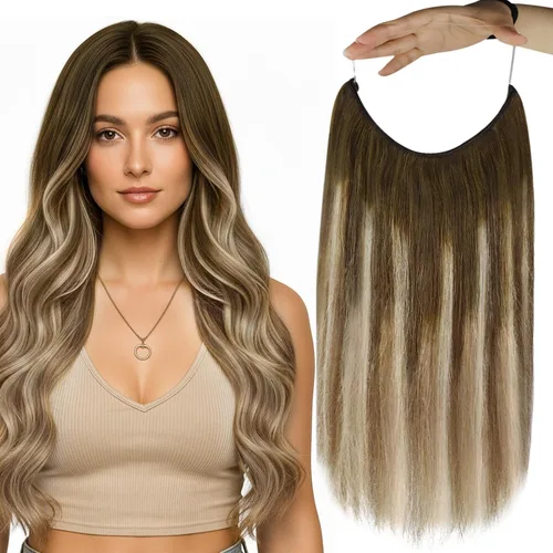 Vista 54 de Fshine - Extensiones de cabello con hilo invisible de 12 pulgadas, color rubio ceniza con reflejos de rubio decolorado, pieza de cabello humano real