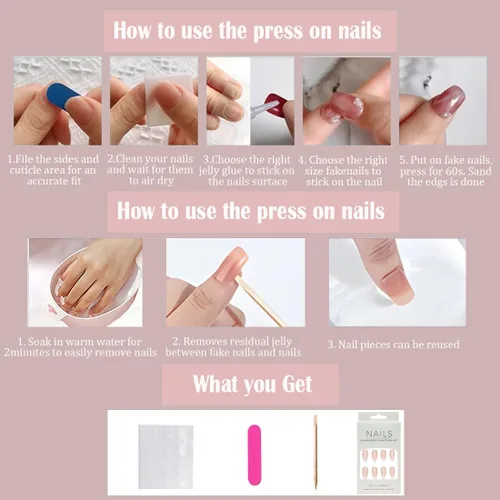 Vista 6 de Uñas cortas a presión, uñas postizas de punta francesa rosa, cuadradas con diseños de punta de purpurina, uñas cuadradas con pegamento en uñas