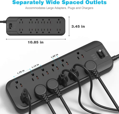Vista 5 de VINTAR - Protector contra sobretensiones (2 × 4800 julios) con 12 tomas de CA 1875W Output, 6FT Long Extension Cord Flat Plug with Dual Surge