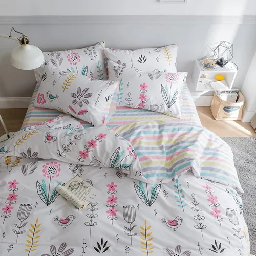 Vista 20 de Juego de funda de edredón blanca con estampado floral azul, juego de ropa de cama de algodón suave estilo bohemio, juego de ropa de cama estética