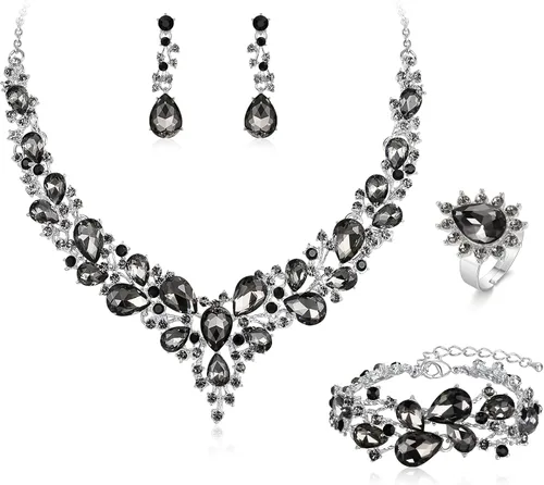 Vista 35 de BriLove - Juego de joyas de boda con cristales austriacos, collar, aretes y pulsera para mujer 01-Tono plateado transparente