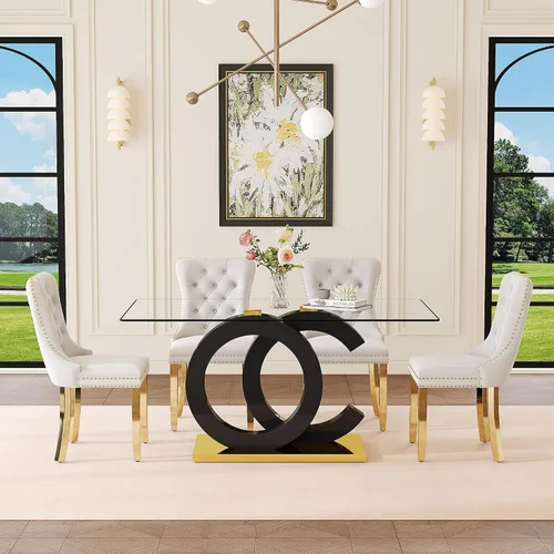 Vista 6 de Ebullient 63" Modern Glass Dining Table Set for 4, Black & Gold 5-Piece Set Glass Table & Beige Chairs