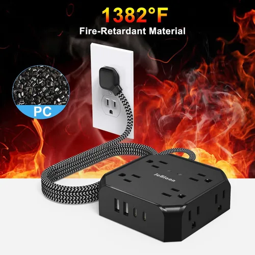 Vista 7 de Protector de sobretensiones - Cable de extensión de enchufe plano de 15 pies con 8 tomas amplias y 4 puertos USB (2 USB C), extensor de salida